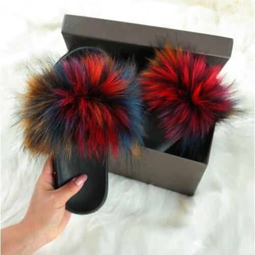 New Fluffy Faux Fur Slides Women Fur Slippers Furry Raccoon Sandals Fake Fox Fur Flip Flops Home Fuzzy Woman Casual Plush Shoes