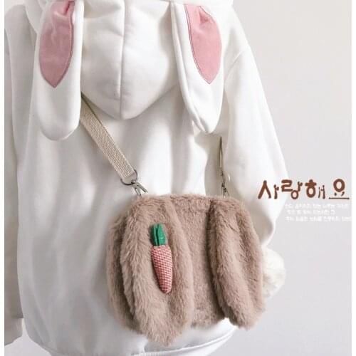 Kawaii Bunny Rabbit Bag Teenager Girls Lolita Soft Plush Toy Single Shoulder Messenger Bags Small Cute Cartoon Furry Phone Pouch