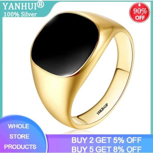 YANHUI Hot Sale Men Ring 18K Gold Color Black Onyx Stone Engagement Wedding Ring Size 7/8/9/10/11/12 Stainless Steel Ring R0378