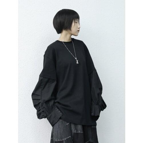 Womens spring and Autumn new black round collar bubble sleeve stitching fashion design loose long sleeve T-shirt