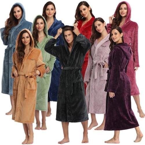 Winter Hooded Long Fleece Bathrobe Kimono Warm Flannel Bath Robe With Belt Cozy Robes Night Sleepwear Women Dressing Gown