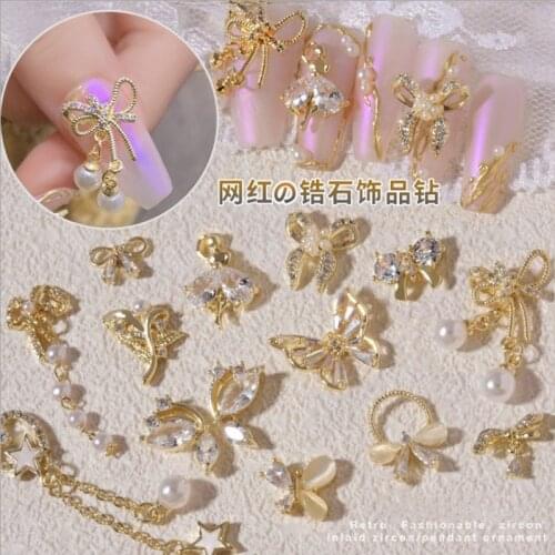 2Pcs Luxury Zircon New Nail Art Jewelry Bowknot Pearl Three-dimensional Nail Decoration Explosive Golden Diamond series