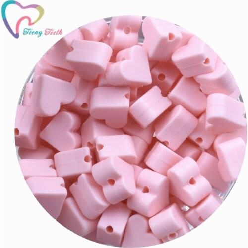 Teeny Teeth 20 PCS Candy Pink Small Heart Shape Silicone Loose Beads,Candy Colors Pink Heart Beads for DIY Silicone Baby Jewels