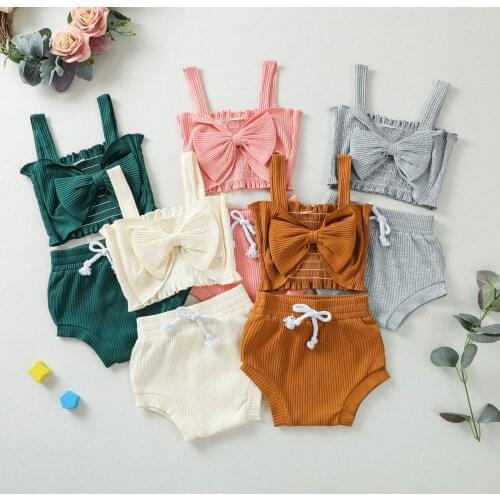 5 Colors Summer Baby Girls 2PCS Outfits Infant Toddler Baby Sleeveless Bow Front Ribbed Knit Tank Tops+Shorts Set for 0-24M