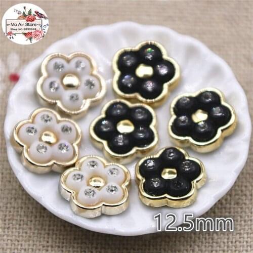 50pcs 12.5mm white/black rhinestone flower flat back Buttons Home Garden Crafts Cabochon Scrapbooking Clothing accessories
