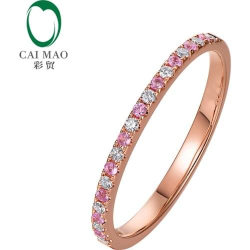 CaiMao 14KT/585 Rose Gold 0.09 ct Round Cut Diamond& 0.10ct Pink Sapphire Engagement Gemstone Wedding Band Ring Jewelry