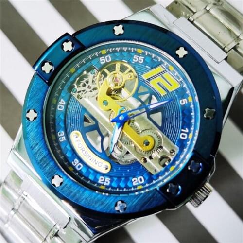 Forsining Men Mechanical Watch Racing Blue Transparent Bridge Steel Strap Wrist Watches Waterproof Mens Clock Relogio Masculino