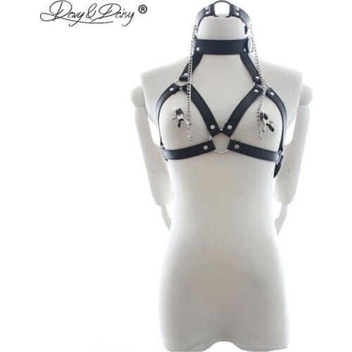 DAVYDAISY Women Tanks PU Leather Open Bust Cropped Top Mouth Gag Nipple Clamps Sexy Lingerie Underwear Sexy Costumes TA501