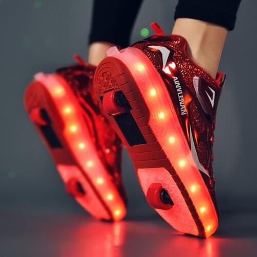 Children Roller Skate Sneakers Tennis Shoes for Boy Girl USB Glowing Light Up Kids Boys Girls Shoe With On Two Double Wheels