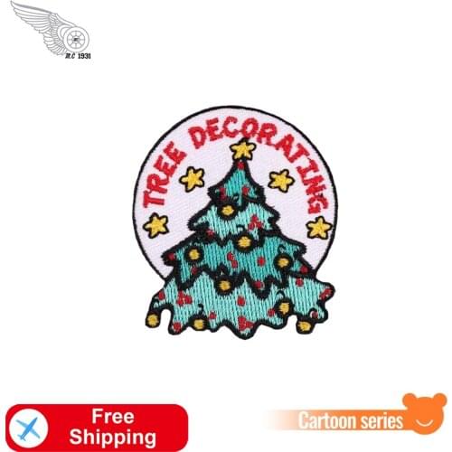 Tree Decorating Christmas Patches Embroidered Iron on for Clothing Diy Cute Badges Kids Bag Hats Cartoon Festival Accessories