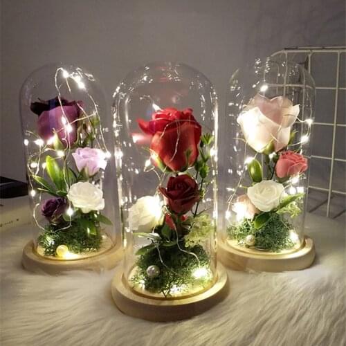 Artificial Flowers Forever Rose LED Light Beauty The Beast In Glass Cover Home Decor Mothers Day Gifts Valentines Day Gifts
