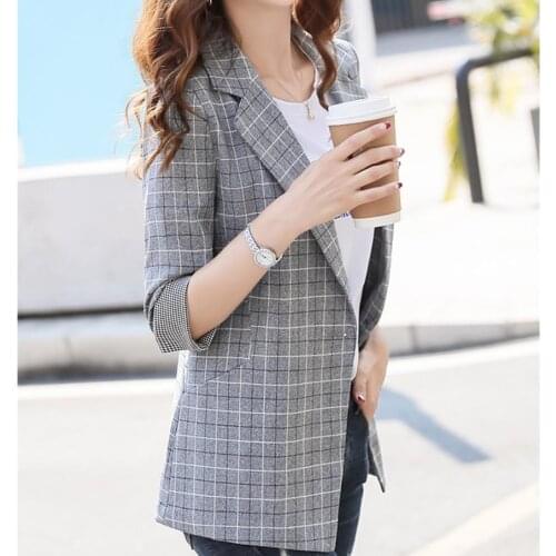 2021 Korean Fashion Lattice Casual Blazers Coat Notched Straight Blazer Feminino Plus Size 3xl Pink Grey Women Jackets Clothes