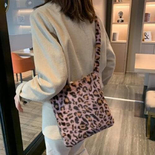 Fashion Fluffy Crossbody Bag Women Large Capacity Leopard Print Plush Soft Shoulder Messenger Bag Light Weight Shopping Bag