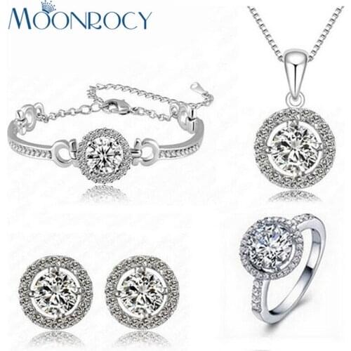 MOONROCY Free Shipping CZ Rose Gold Color Crystal Necklace Earring Ring and Bracelet Jewelry Set for Women Bride Wedding Set