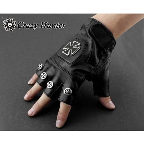 Punk Rocker Driving Motorcycle Chopper Cross Real Leather Fingerless Men Gloves