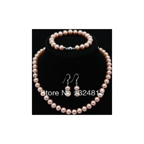 Genuine AAA Cultured Freshwater 7-8mm ROUND pink Pearl Necklace set
