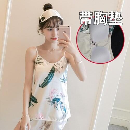 With Chest Pad Sexy Strap Shorts Silk-like Two-Piece Set Pajamas Ms Summer Silk High-Grade Pajama Set