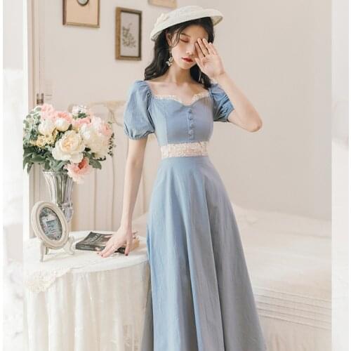 COIGARSAM French Style Women dress Vintage Puff Sleeve Dresses Blue Y1090