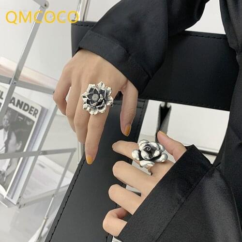 QMCOCO 925 Silver Engagement Rings New Fashion Creative Exaggeration Flower Vintage Punk Party Jewelry Gifts For Women Girl