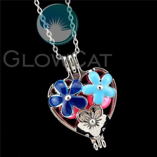 R-K1005 Blue Enamel Flower Heart Beads Cage Pendant Essential Oil Diffuser Pearl Cage Locket Necklace