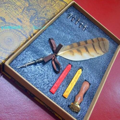Nature Owl Feather Calligraphy Handwriting Dip Pen Set with 2 Wax Seals 1 Stamper 5 Nibs Feather Pen