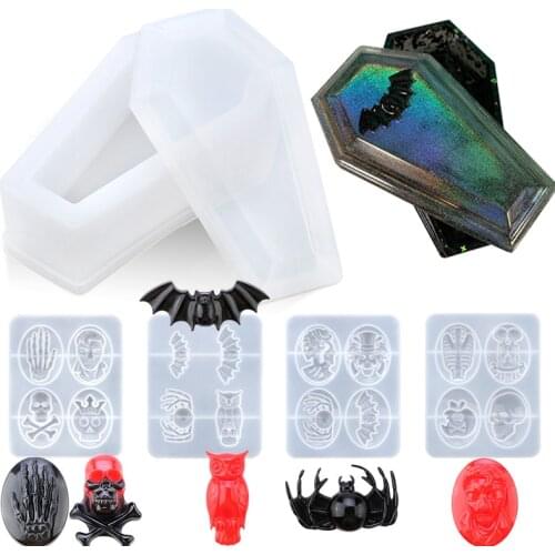 Coffin Silicone Resin Mold, Halloween Decoration Casket Resin Casting Molds Box Molds Bat Owl Skull Hands Spider Shape DIY Mold