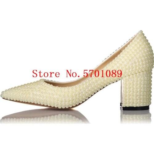 Handmade Wedding Shoes Pearls Bride Bridesmaid Genuine Leather Pearls Pumps Chunky Heel Pointed Toe 6cm Heels Shoes 35-41