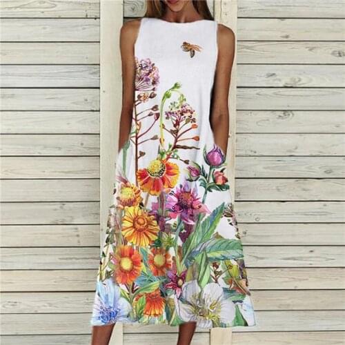 Retro Print Dresses Women 2021 Summer Floral Sleeveless Beach Tank Dreeses Woman Loose Flowy O-Neck Long Pocket Party Midi Dress