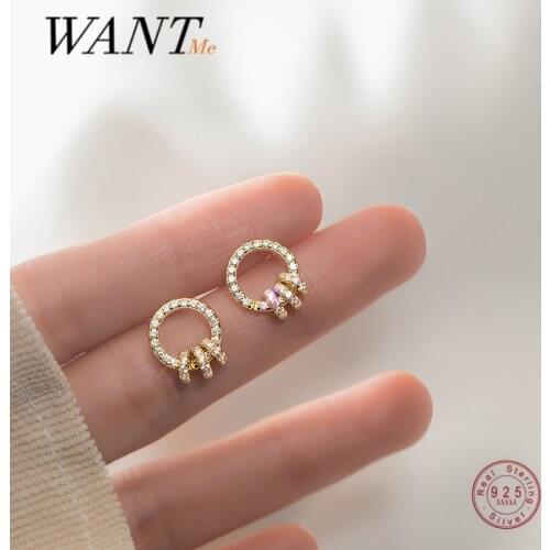 WANTME 925 Silver Luxury Zircon Geometric Lucky Stud Earrings for Women Chic Girlfriend Sterling Silver Birthday Jewelry Gift