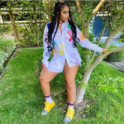 Women Shirts Spring Autumn Long Blouses Personality Multicolor Palm Print Turn-Down Collar Long Sleeve Loose Shirt for Ladies