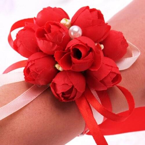 Bride Wrist Flower Wedding Boutonniere Red Rose Groom Groomsman Artificial Corsage Suit Decorative Accessories