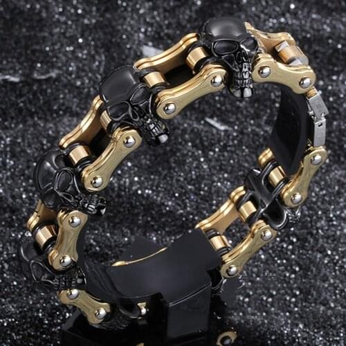 Hip-hop Titanium Stainless Steel Gold Tone And Black Skeleton Skull Chain Bracelet Bangle Xmas Gift 8.66" Mens Jewelry Motor