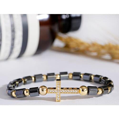 Hot Men Bracelets 6mm Black Lava Rock Stone Handmade Hematite Cross Beaded Bracelet & Bangle Adjustable Size Women Wrist Jewelry