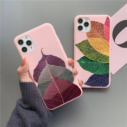 Colorful Leaves Phone Case For iphone 12 11 Pro Max Mini XS 8 7 6 6S Plus X SE 2020 XR Matte Candy Pink Silicone cover