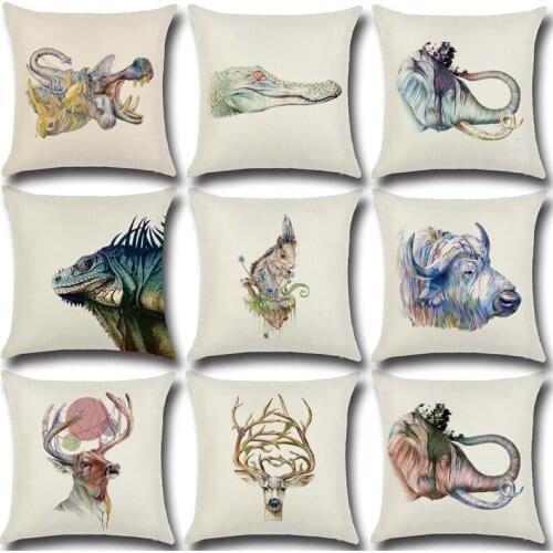 Color Animal Drawing Cushion Cover Cotton Linen Decorative Pillowcase Chair Seat Square 45x45cm Pillow Cover Home Living Textile