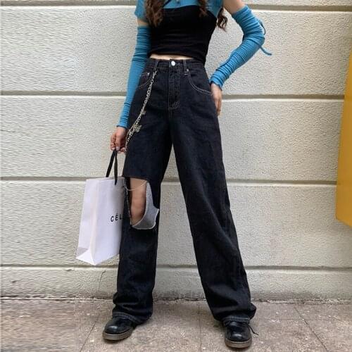 Winter fashion high-waisted street style womens straight-leg ripped wide-leg jeans womens clothing 100% cotton ripped jeans