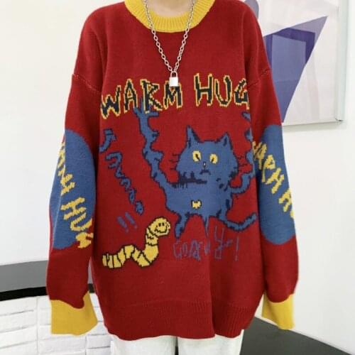 Harajuku Cartoon Monster Pattern Sweater Women Streetwear Sweater Loose Round Neck Knitted Sweater Cotton Casual Man Sweater