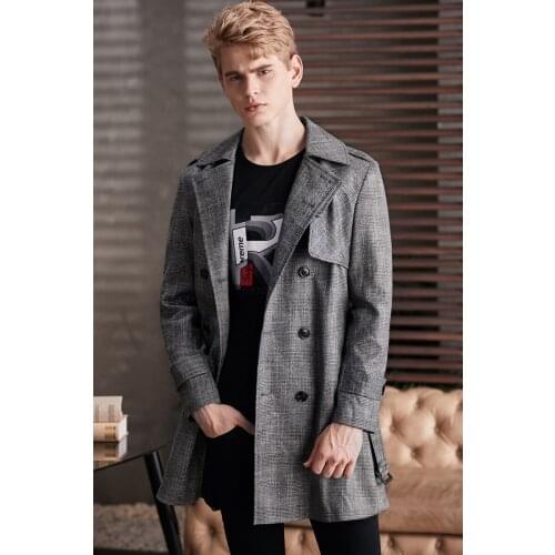 Classic 2020 Spring/Autumn Mens Business Causal Trench Coat Europe Fashion Mid-length Double-breasted Plaid Windbreaker