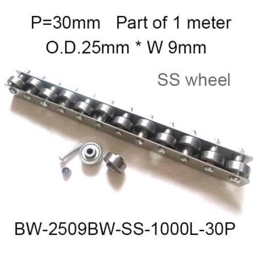 Stainless Steel Skate Wheel Conveyor 30mm Pitch * 1000mm Long fly wheel O.D. 25mm * Width 9mm Capacity 30Kgf guiding conveyor