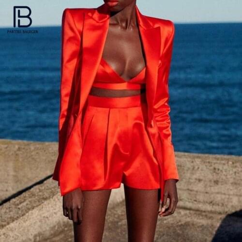 PB Chic Red Satin Three Pieces Suit Turn-down Collar Long Sleeves Celebrity Party Club Blazer Coat Crop Tops Short Set