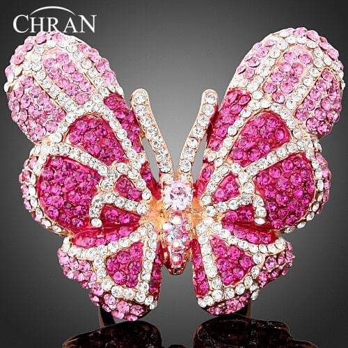 Chran Cute Pink Crystal Butterfly Rings Fashion Animal Design Gold Color Female Band Engagement Rings for Women