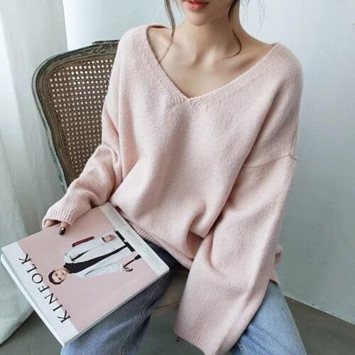 2021 Autumn Winter Plus Size V-neck Sweater Women Age-reducing Long-sleeve Loose Sweater Solid Tops Simple Bottom Knitwear 15919