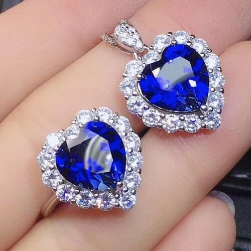 Silver Plated Love Heart Blue Crystal Pendant Link Chain Necklace Finger Ring Romantic Style Jewelry Sets