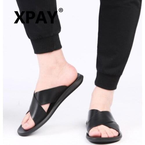 XPAY Sandals men Genuine Leather Slippers Summer Brand Soft Comfortable Beach Slippers Men Casual Cross Outdoor Slides