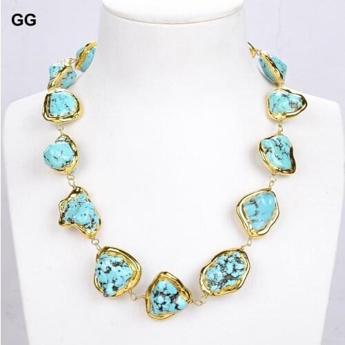 GuaiGuai Jewelry 18" Freeform Blue Turquoise With Gold Plated Nugget Necklace For Women