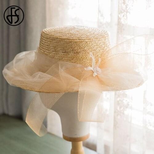 FS Natural Straw Boater Fedora Top Flat Hat For Women Summer Beach Flat Brim Cap With Flower Ribbon Holiday Party Sun Hats