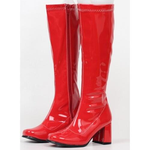 Woman Gogo Boots Square Heel Knee-High Classic Square Toe Boots PU Leather Zip Boots Unisex Party Dress Dance Shoes for Women