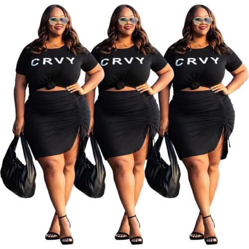 Plus Size Two Piece Womens Clothing Personality Pleated Tie Fashion Letter Printing Round Neck Short Sleeve Casual Skirt Suit