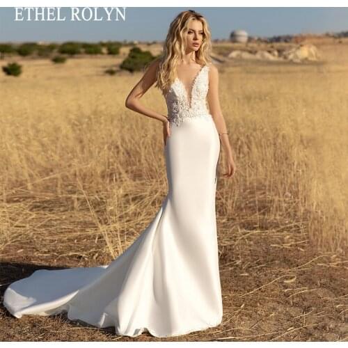 ETHEL ROLYN Mermaid Wedding Dress 2021 Charming V-Neck Backless Satin Bride Spaghetti Straps Beaded Lace Appliques Bridal Gown