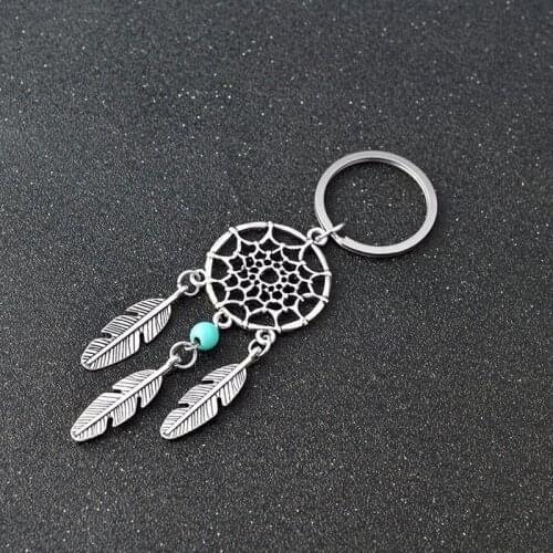1PC Dream Catcher Simple Fashion With Green Beads Key Ring Buckle Pendant Silver Tone Feathers Tassels Keychain For Gift